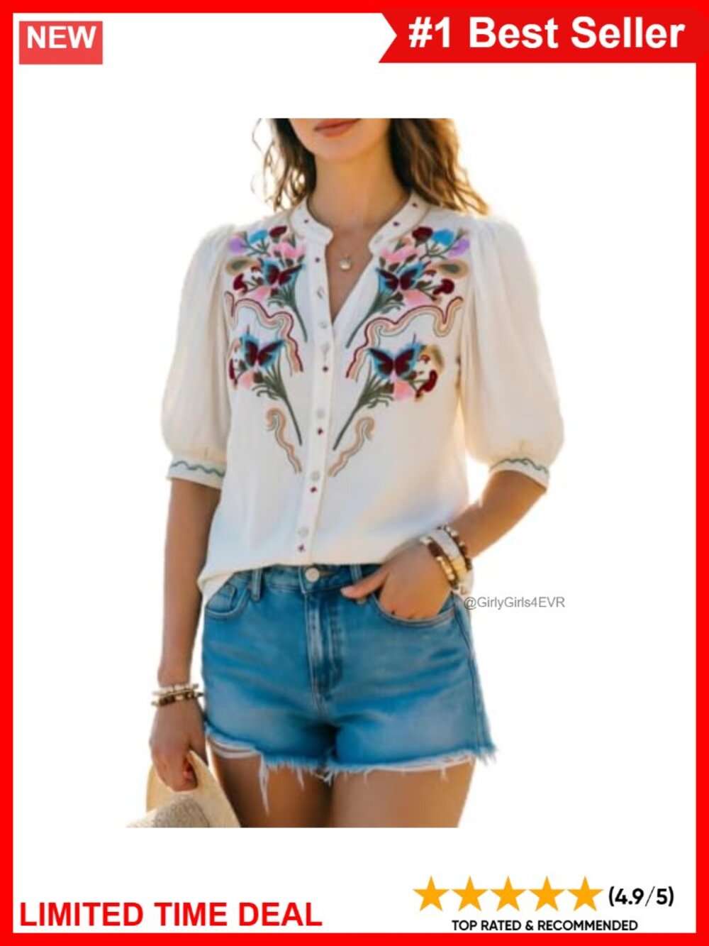 Boho Floral Embroidered Button Down Puff Sleeve Blouse